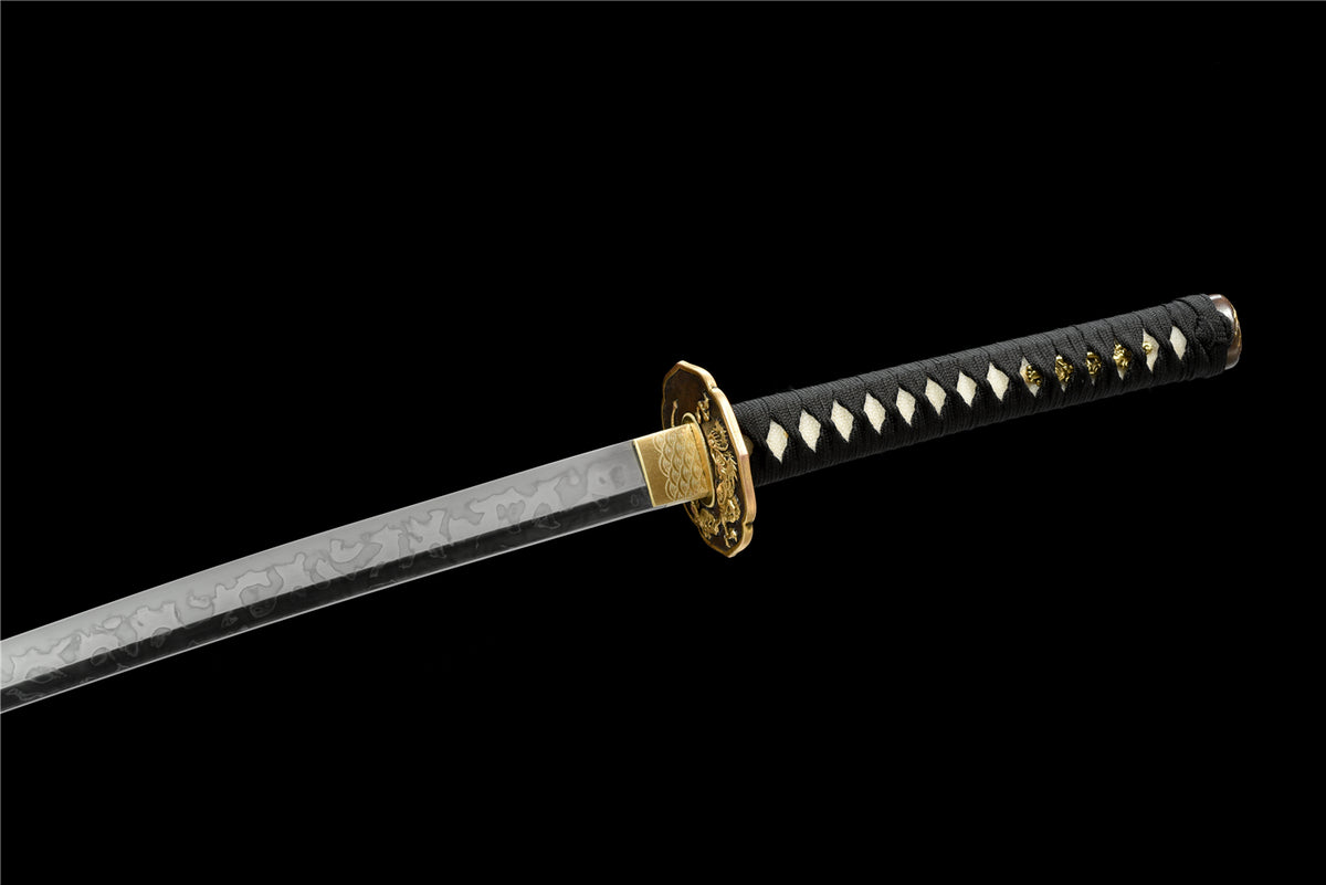 Obsidian Edge Katana – T10-stål med Hitatsura Hamon - Importerad Ebony Saya