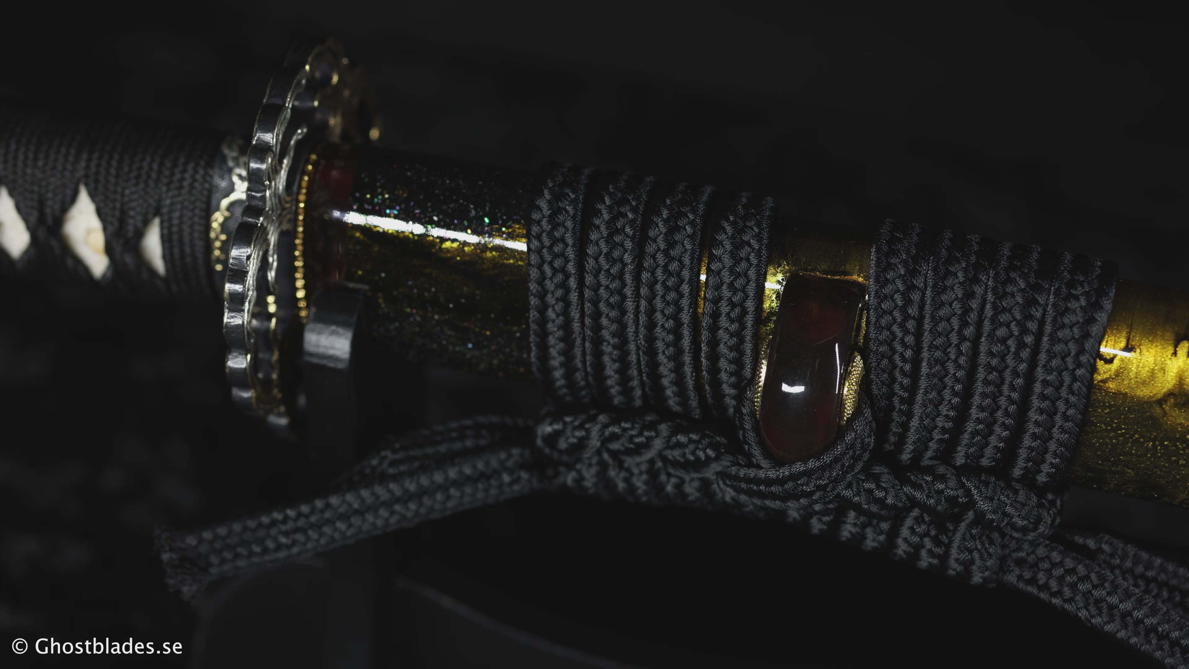 Cinematic showcase of the Golden Nebula Katana by Ghost Blades - handmade samurai sword in T10 steel with genuine hamon and gold detailing.