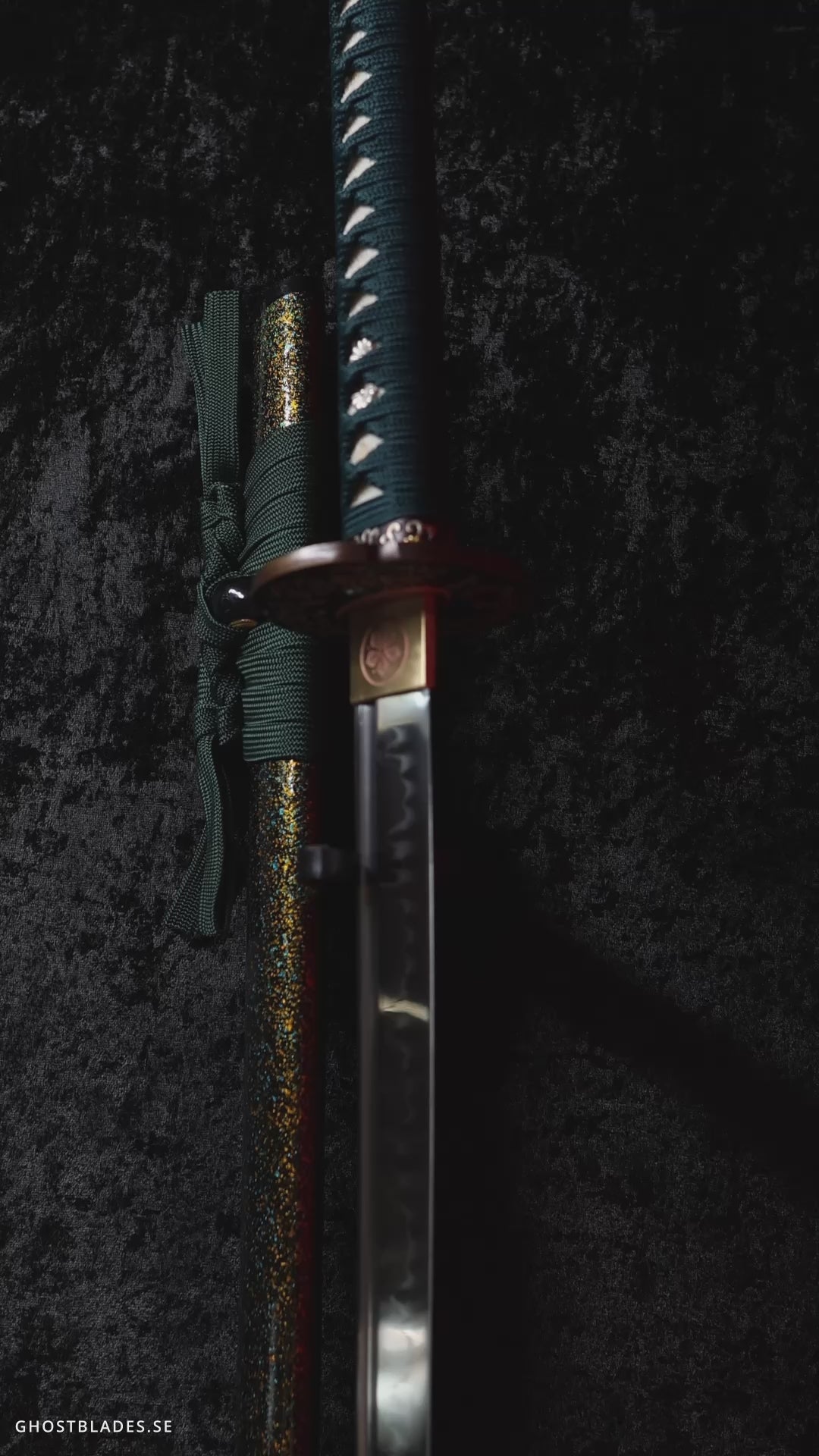 Cinematic showcase of the Cut The Noise Katana by Ghost Blades - handmade samurai sword in T10 steel with real hamon, black-and-red saya and minimalist fittings crafted for precision and silence.
