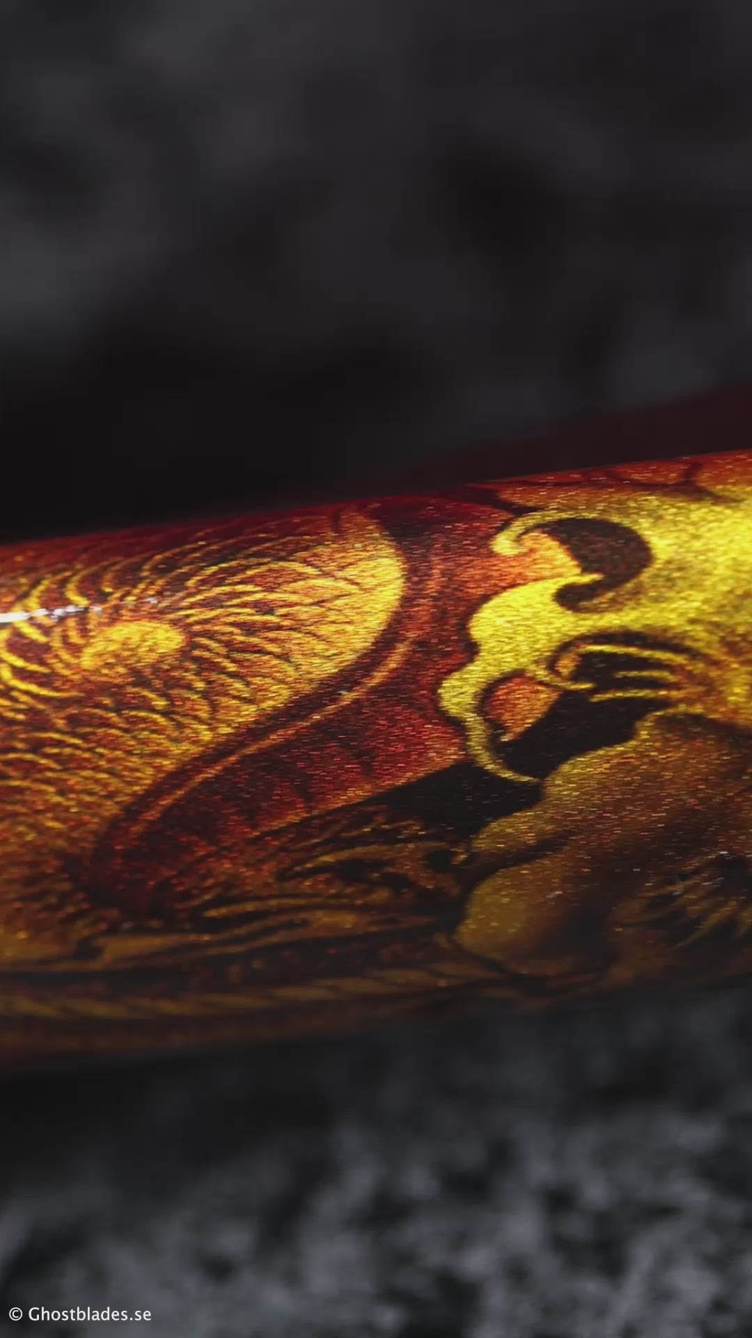 Cinematic showcase of the Golden Dragon Katana by Ghost Blades - handmade samurai sword in T10 steel with genuine hamon, gold lacquered saya and ornate dragon fittings symbolizing honor and power.