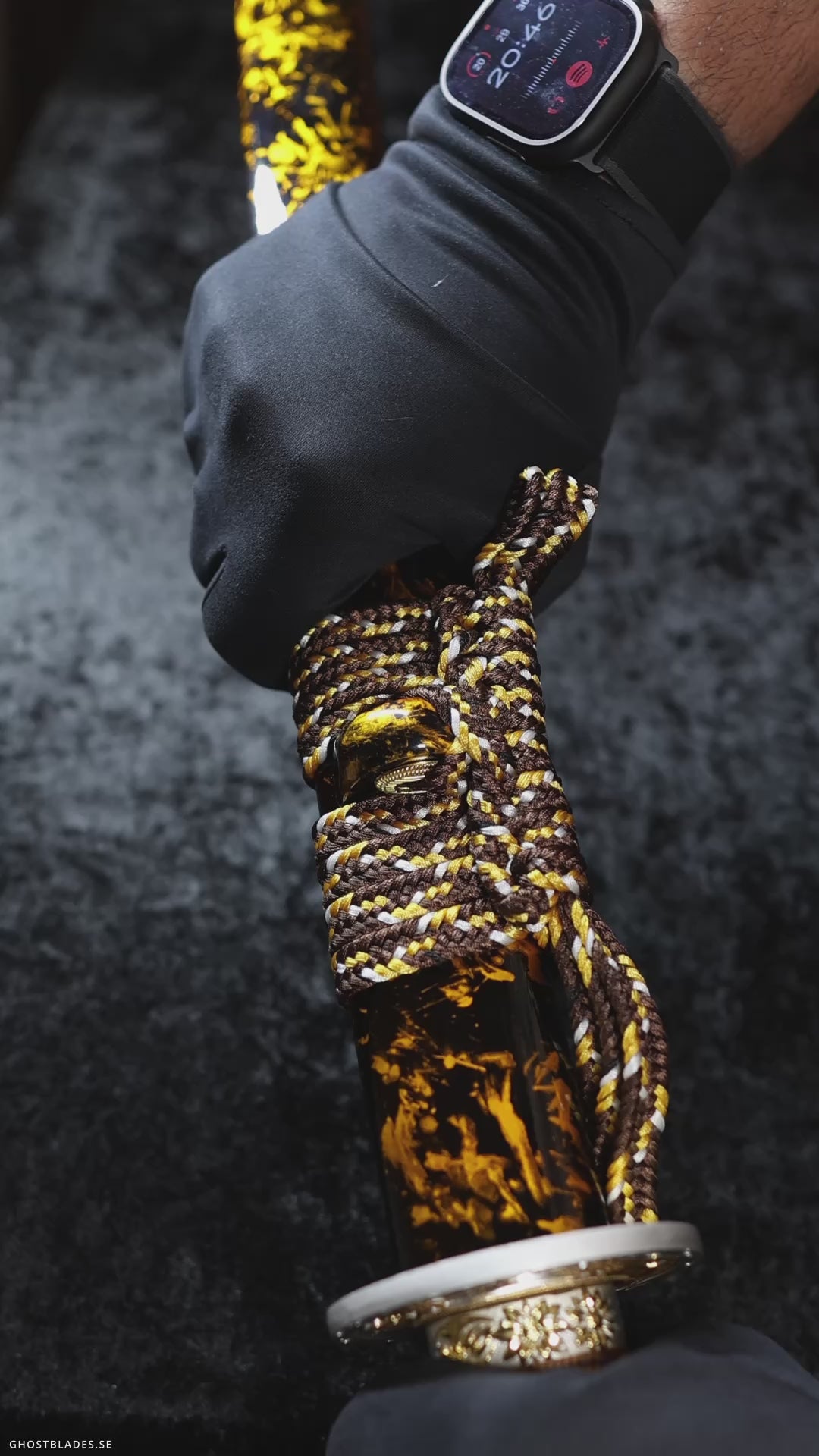 Cinematic showcase of the Burning Beauty Katana by Ghost Blades - handmade samurai sword in T10 steel with genuine hamon, crimson-black saya and gold floral fittings symbolizing elegance and fire.