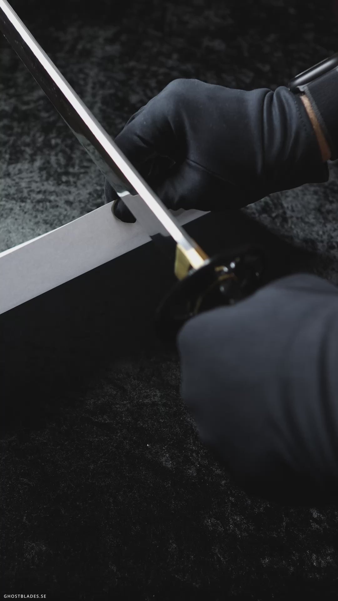 Cinematic showcase of the Inferno Katana by Ghost Blades - handmade samurai sword in T10 steel with genuine hamon, fiery red-black saya and gold fittings inspired by heat, passion and raw power.